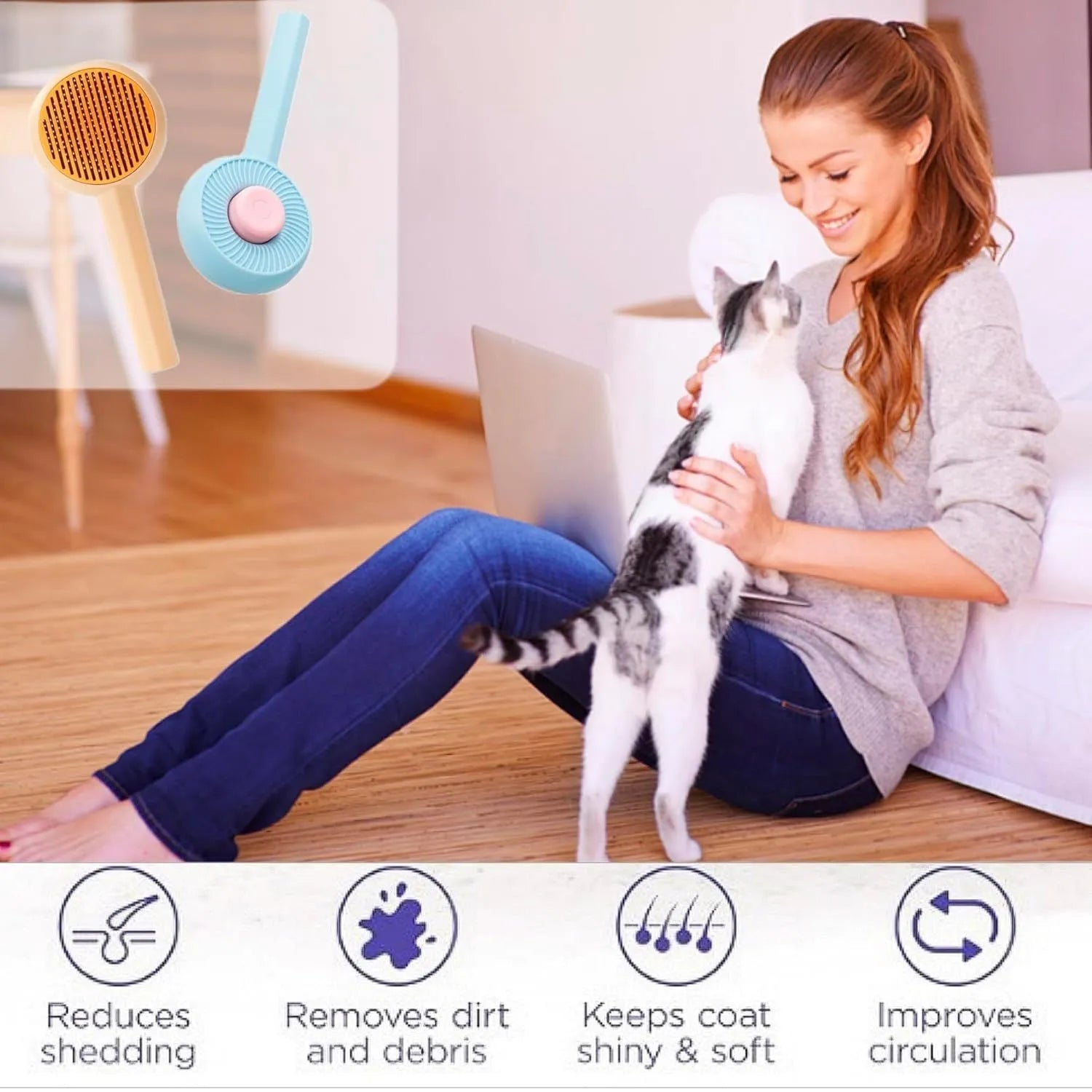 Blue self-cleaning pet grooming brush with angled metal pins