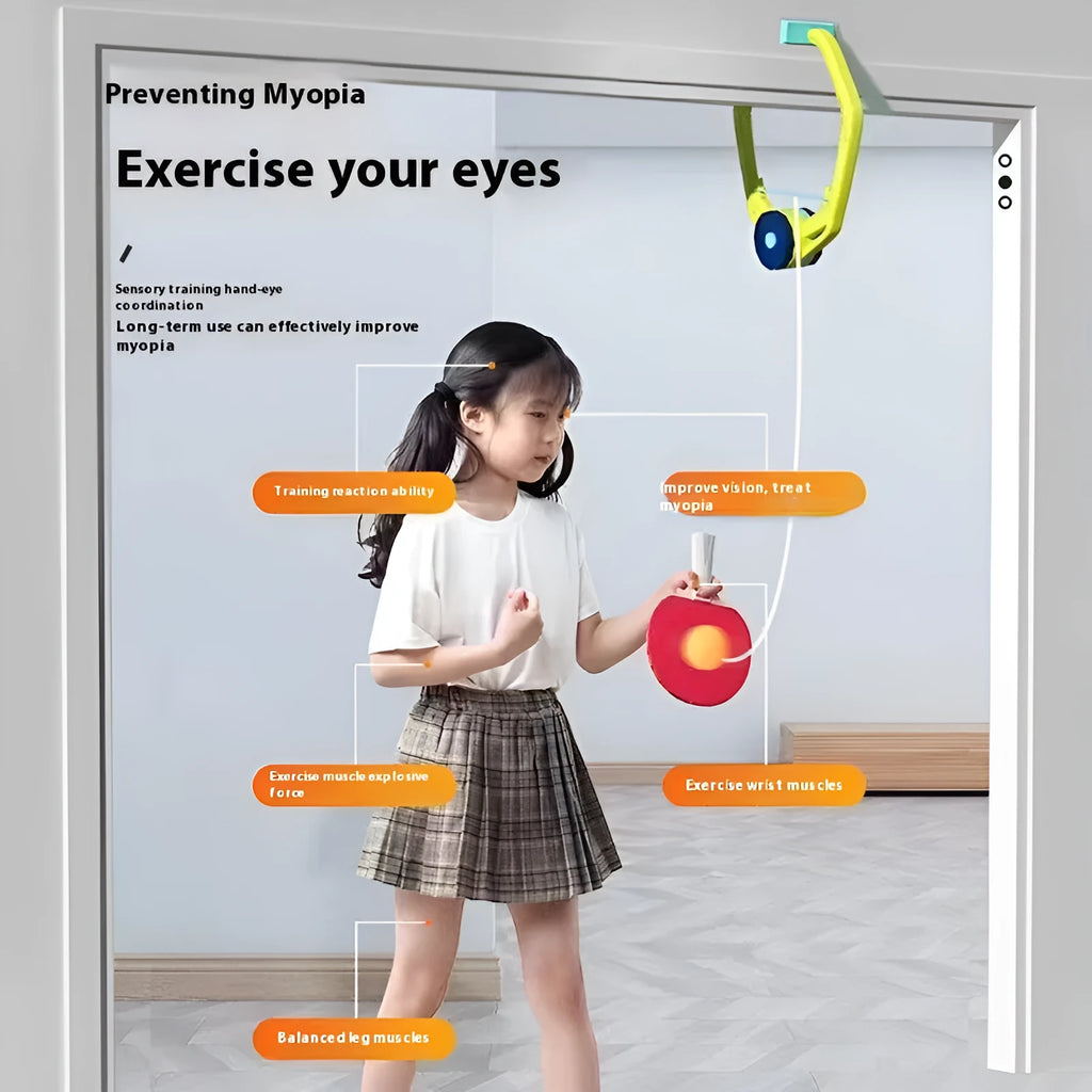 Children's table tennis ball trainer with ABS clip attached to a door frame, including three table tennis balls