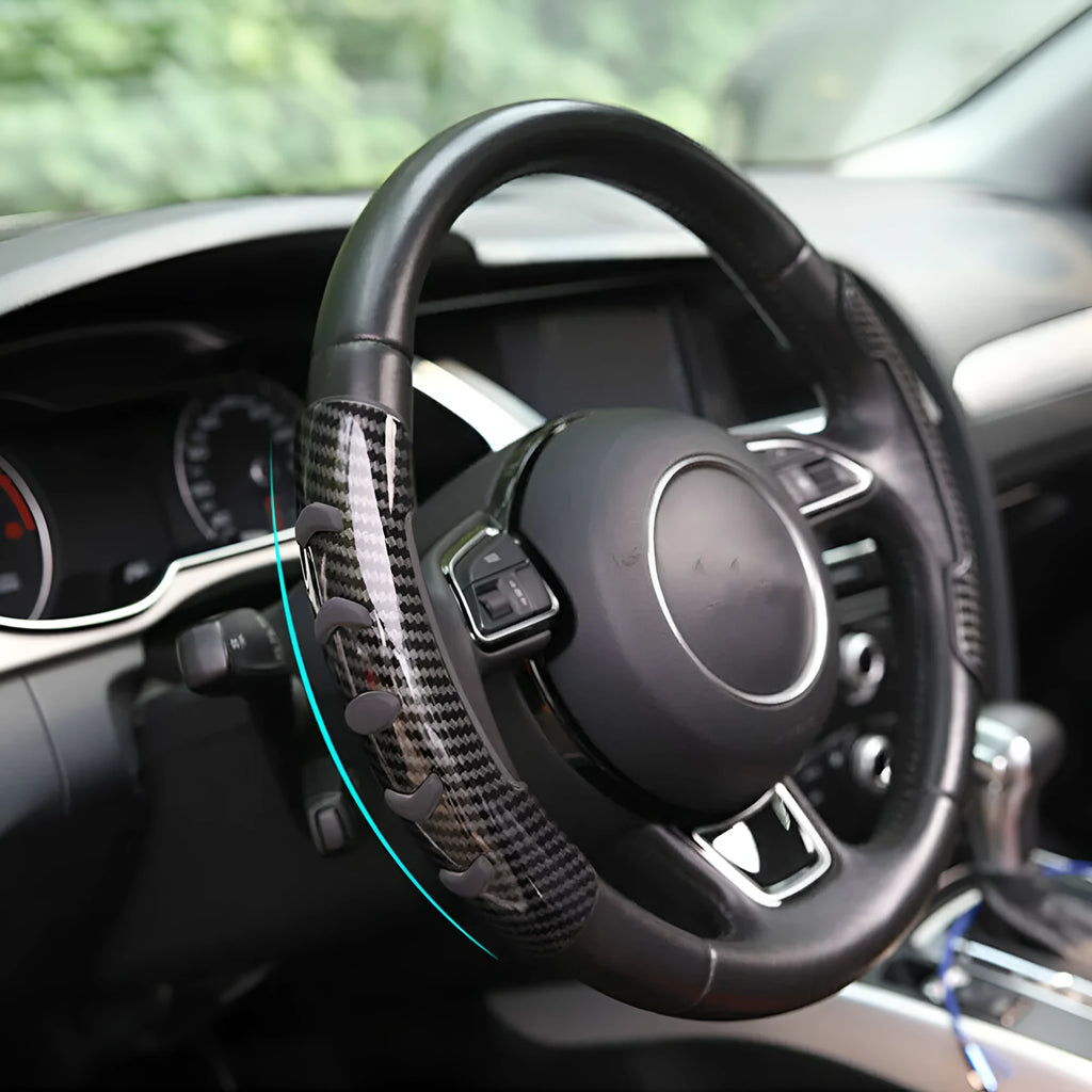 Carbon fibre black anti-slip steering wheel sleeve for 38cm diameter wheels.