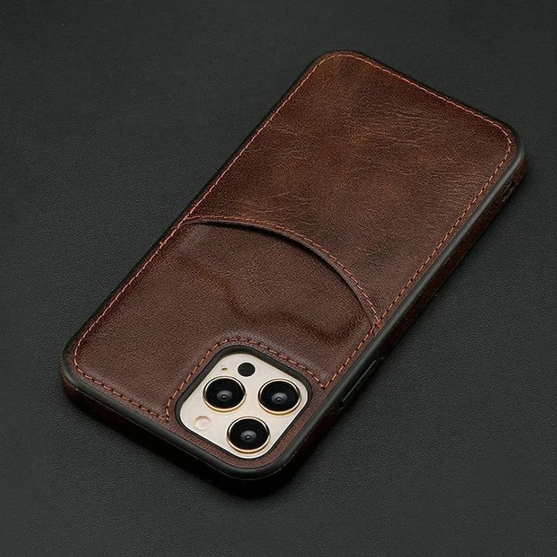 Dark blue PU leather protective case fitted on an iPhone showing precise button and port cutouts.