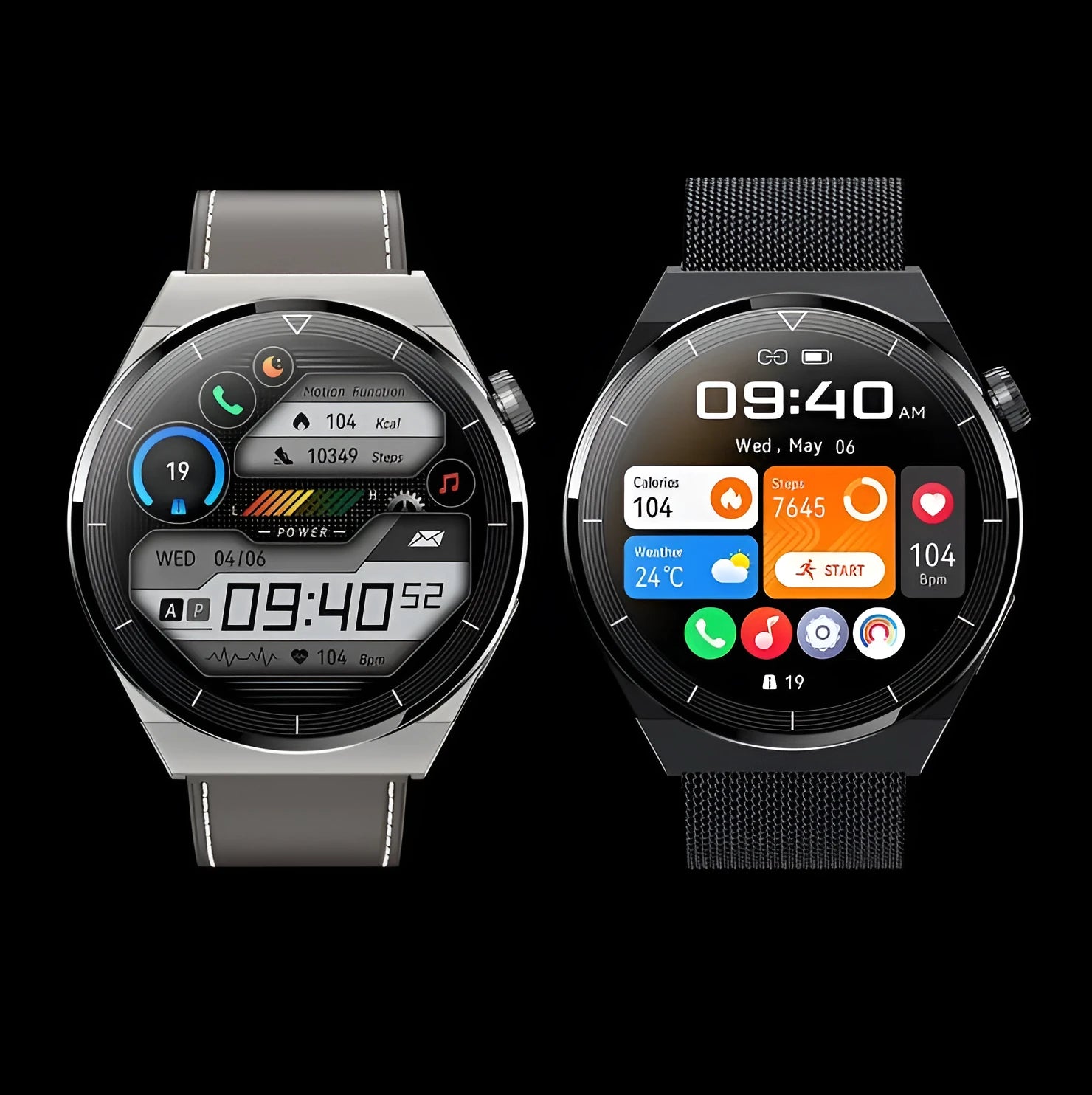 Black and silver Android smart watch with round 1.36-inch display, silicone band, Bluetooth and NFC functionality