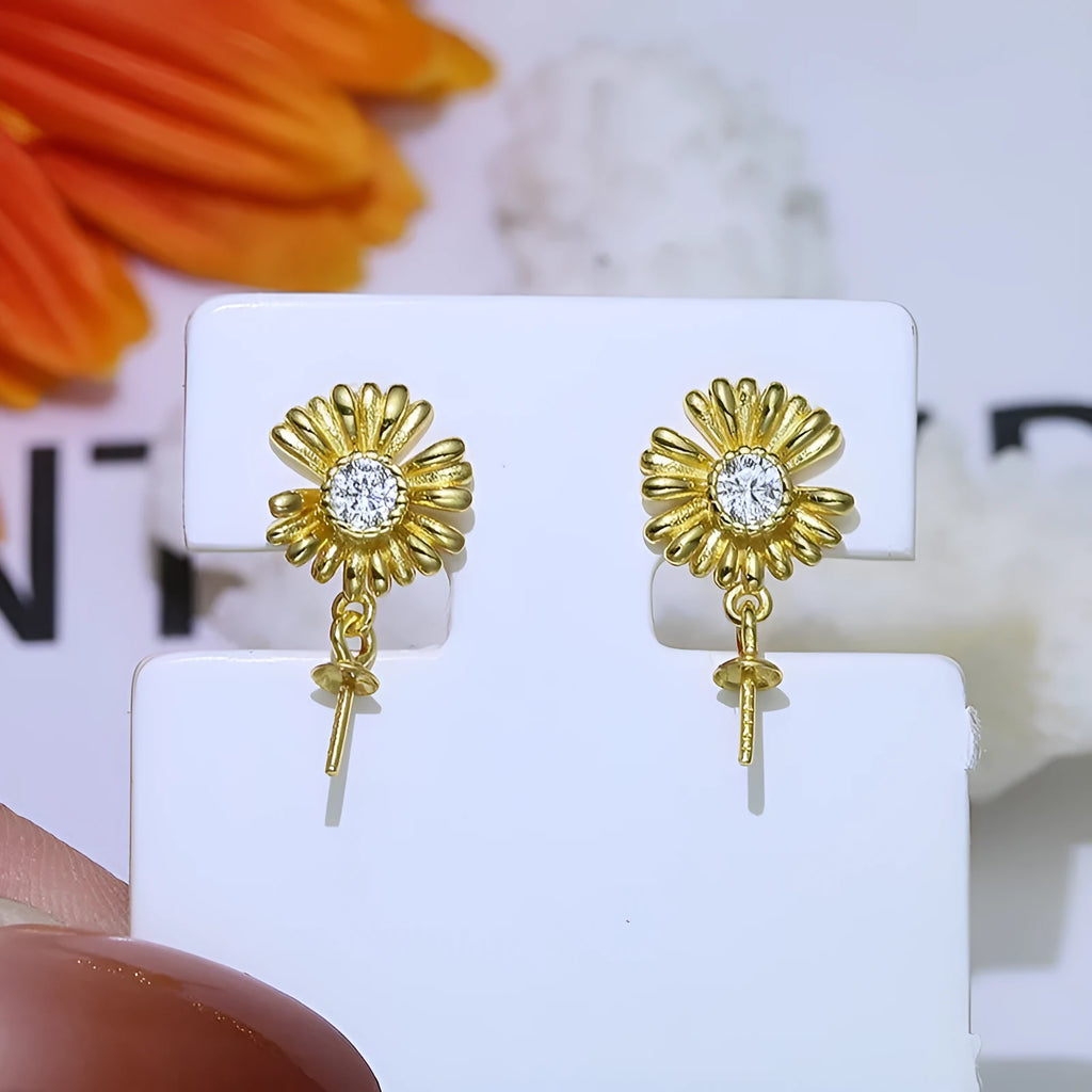 Baroque-style sterling silver flower earrings with an integrated ring holder loop on a white background.