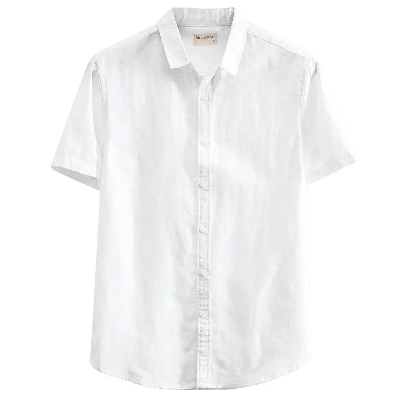 Men's light blue linen square collar casual short sleeve shirt laid flat
