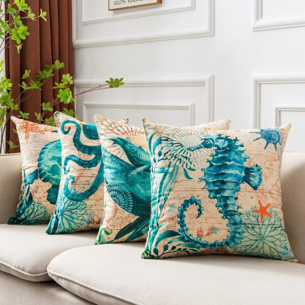 Square linen cushion cover with sea turtle printed design measuring 45x45cm