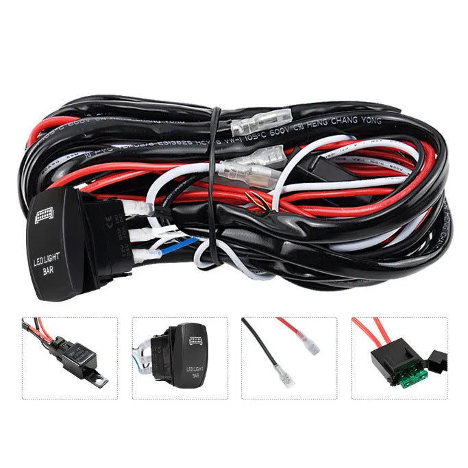 Black off-road LED spotlight wire harness kit with switch and 2-metre cable for vehicle light modifications.