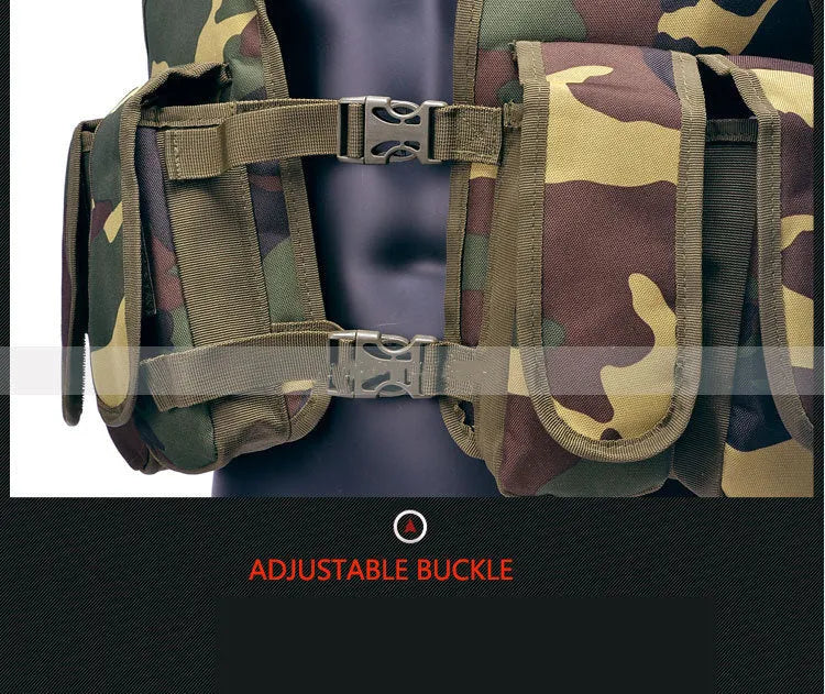 Light tactical vest in jungle camouflage, 60cm high 49cm wide, 600D polyester for camping and training