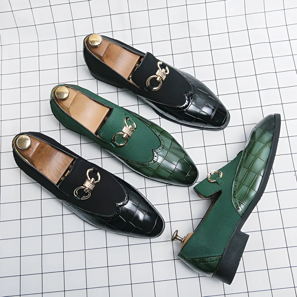 Men's black pointed toe leather casual shoes with low top and stitching detail.