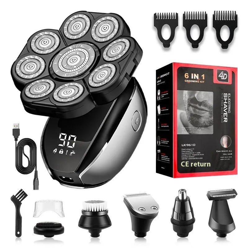 Black rechargeable hair clipper kit with multiple attachments including trimmer, combs, and cleaning brush.