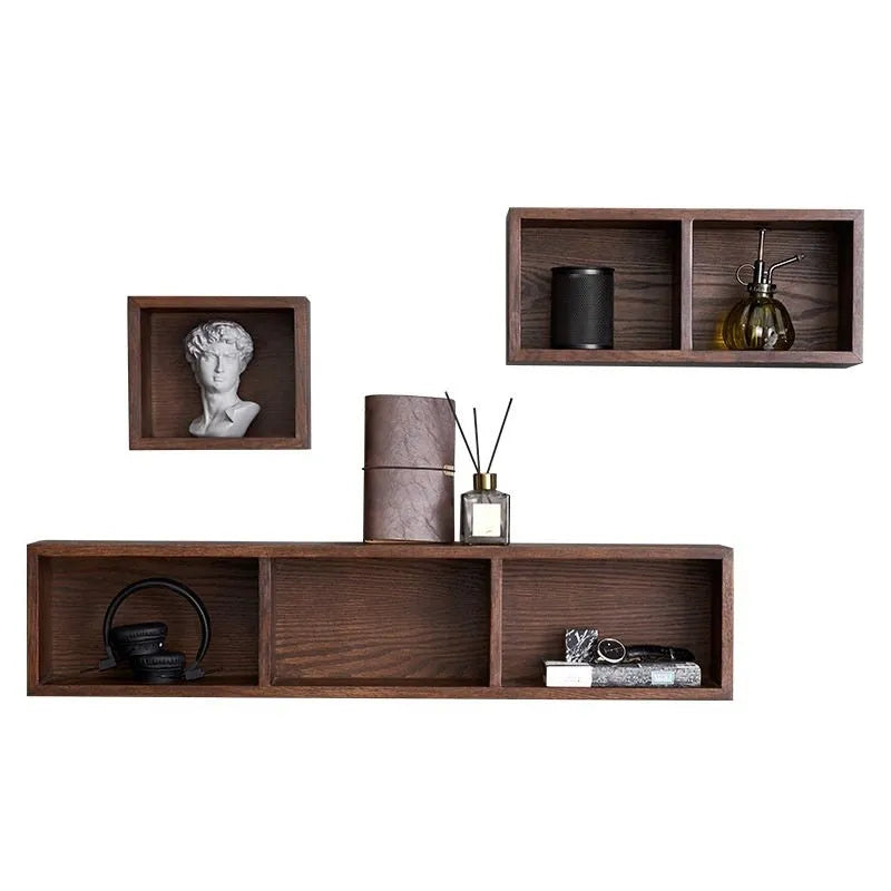 Solid White Oak wall shelf with three lattice grids in walnut colour, mounted on a bedroom wall