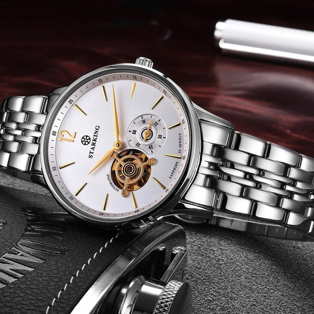 Automatic mechanical men's business watch with circular dial on brown leather strap.