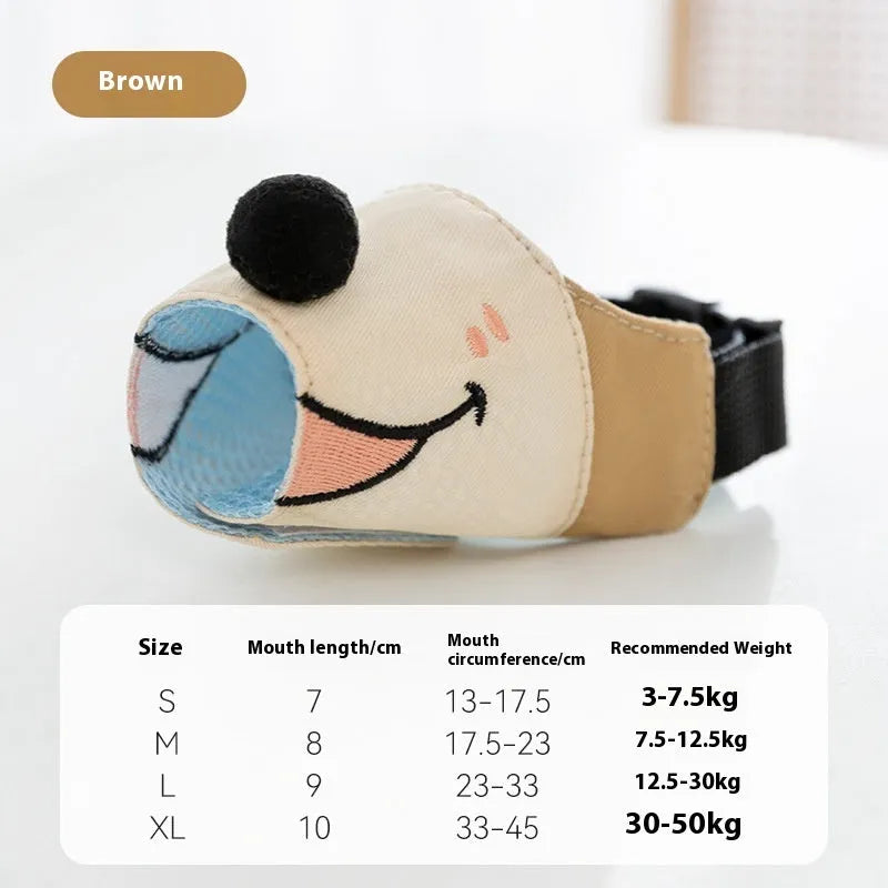 Canvas dog muzzle in Ollie Brown Bear pattern, showing adjustable straps and open design for breathability.