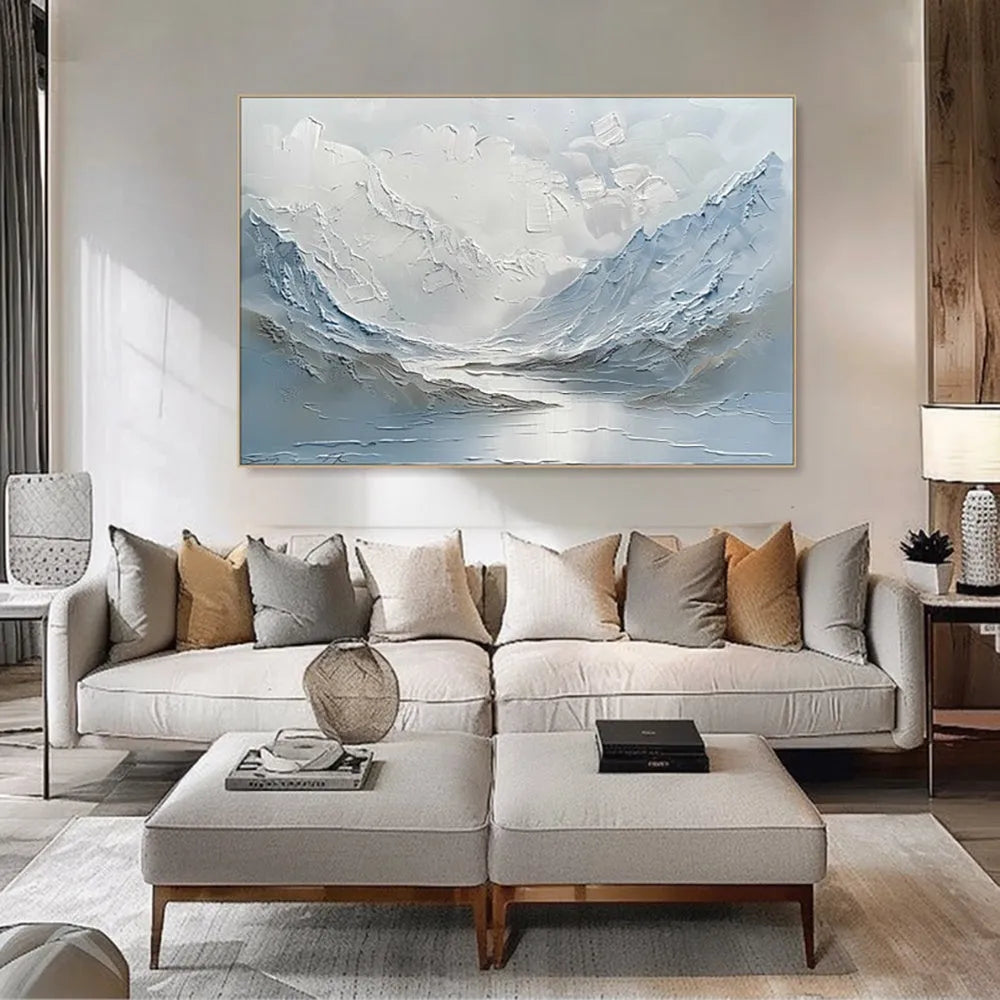 Light blue and white handpainted oil painting of mountain and lake scenery on thick canvas