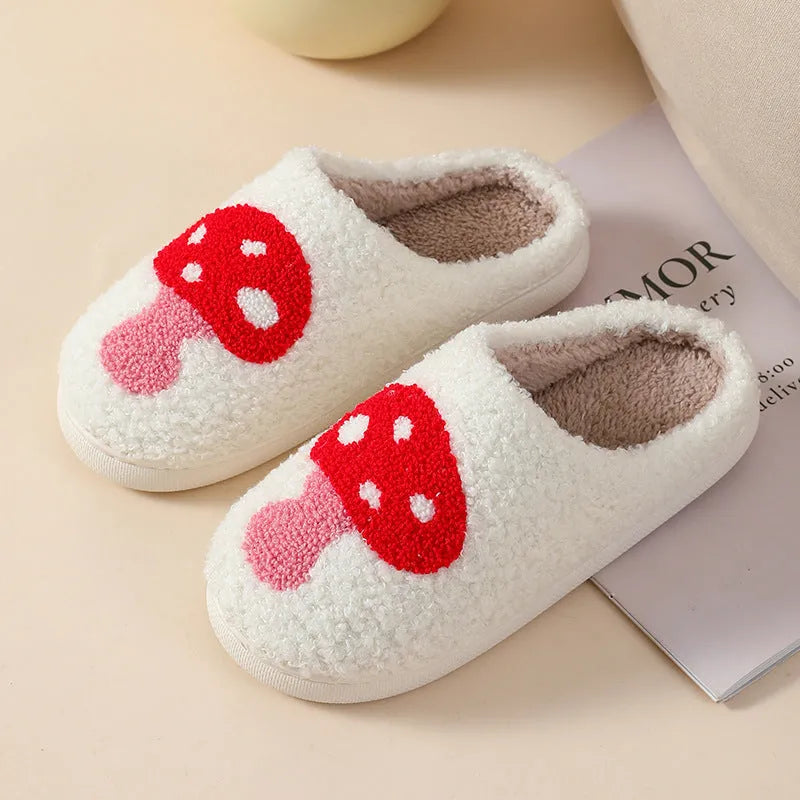 Women's plush cartoon love style slippers with a round toe and non-slip PVC sole in multiple colour options.