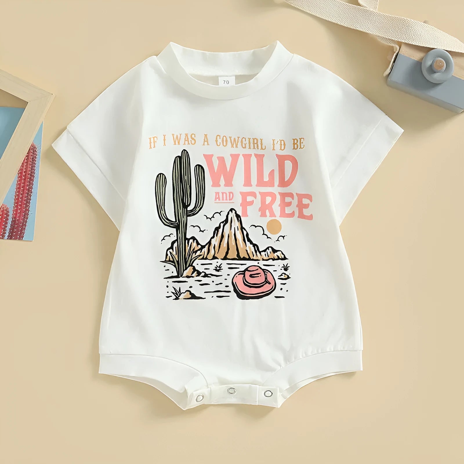 White girls cotton jumpsuit with cactus print on front, round neck, suitable for 70-100cm height