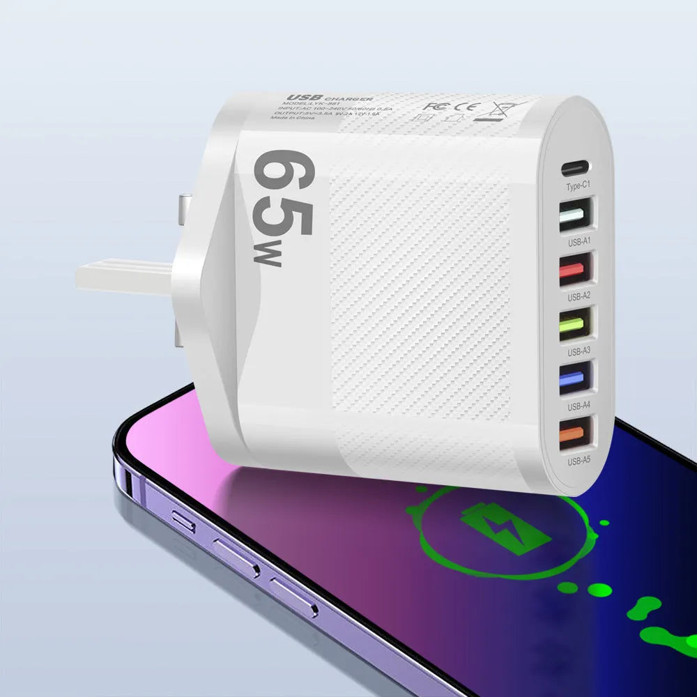 White USB mobile phone charging plug with plastic body and single USB port on white background