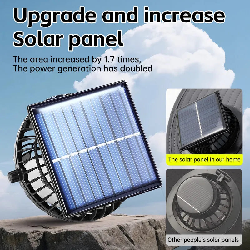 Solar-powered fan hat with integrated cooling fan and solar panel on brim