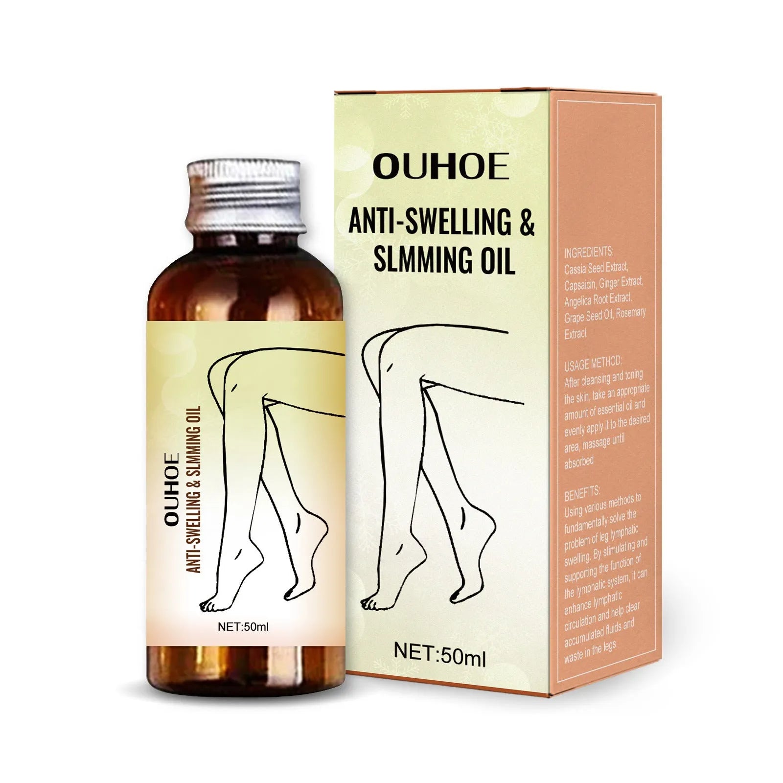 50ml bottle of moisturising body oil with natural extracts for skin care and leg massage.