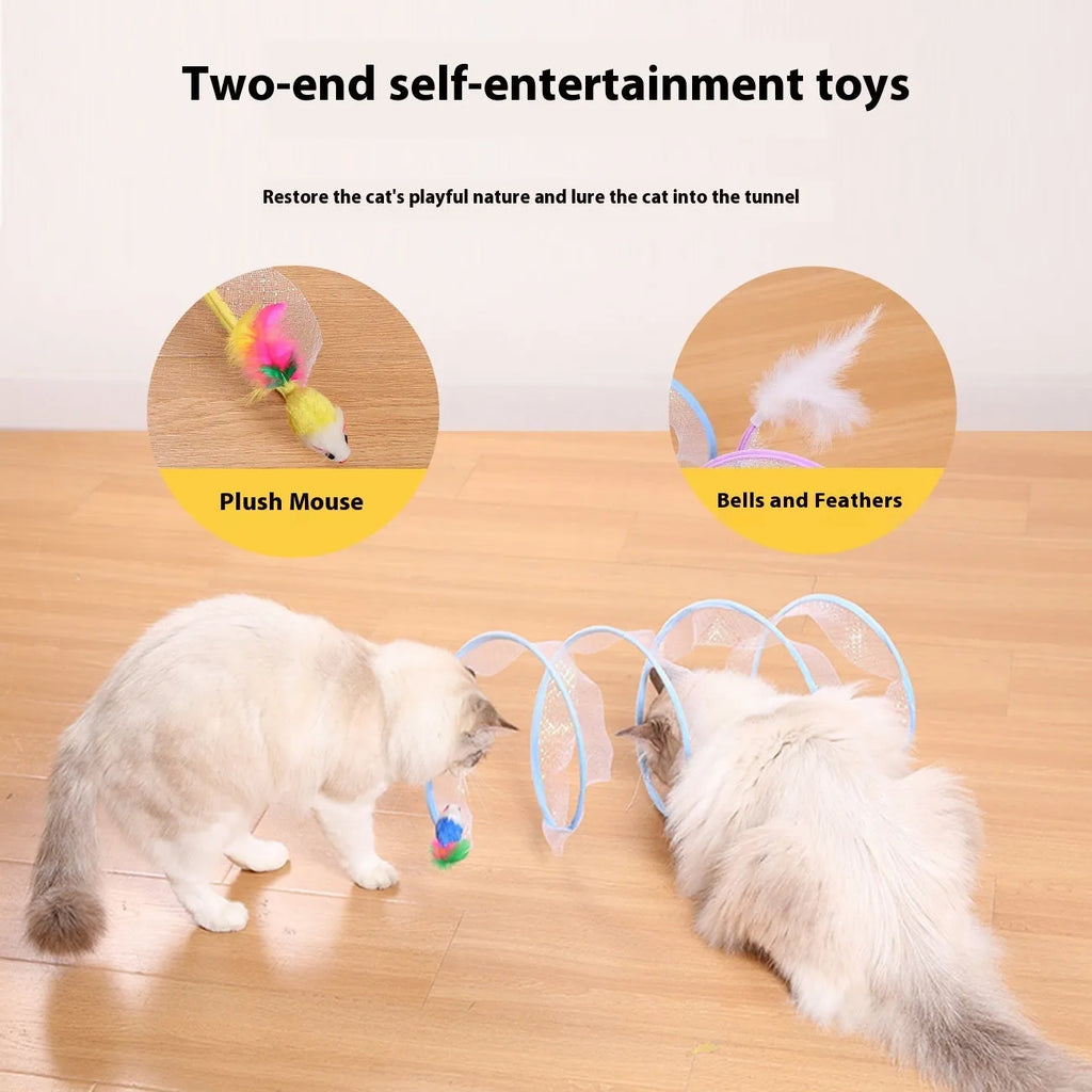 S-type collapsible cat tunnel toy with steel frame, elastic net, and feather attachments