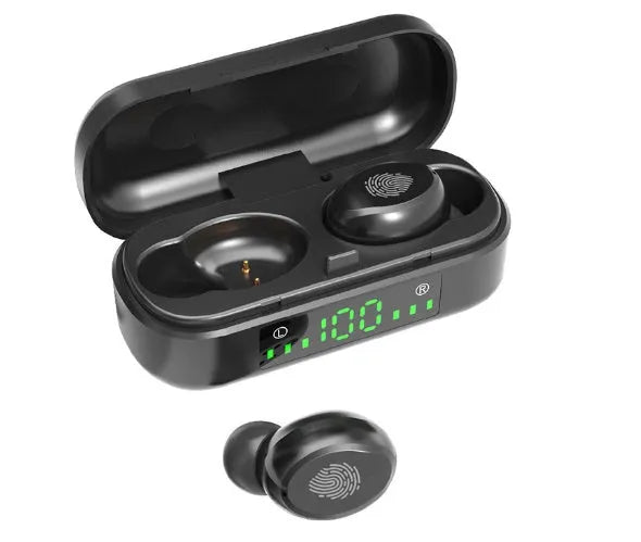 Black V8 sports wireless Bluetooth headset with earplug design for active use