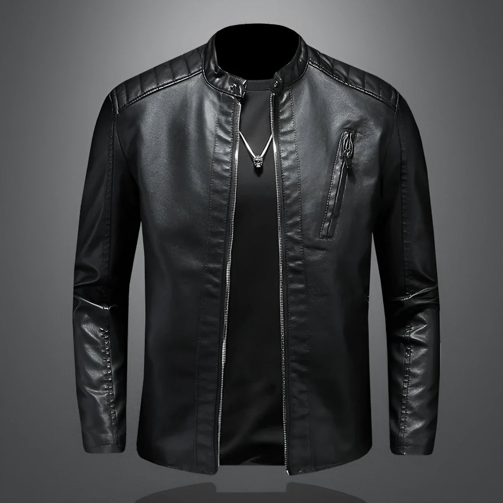 Plus size men's black PU leather jacket with stand collar, front zip, and zipper pockets, available in sizes M to 5XL
