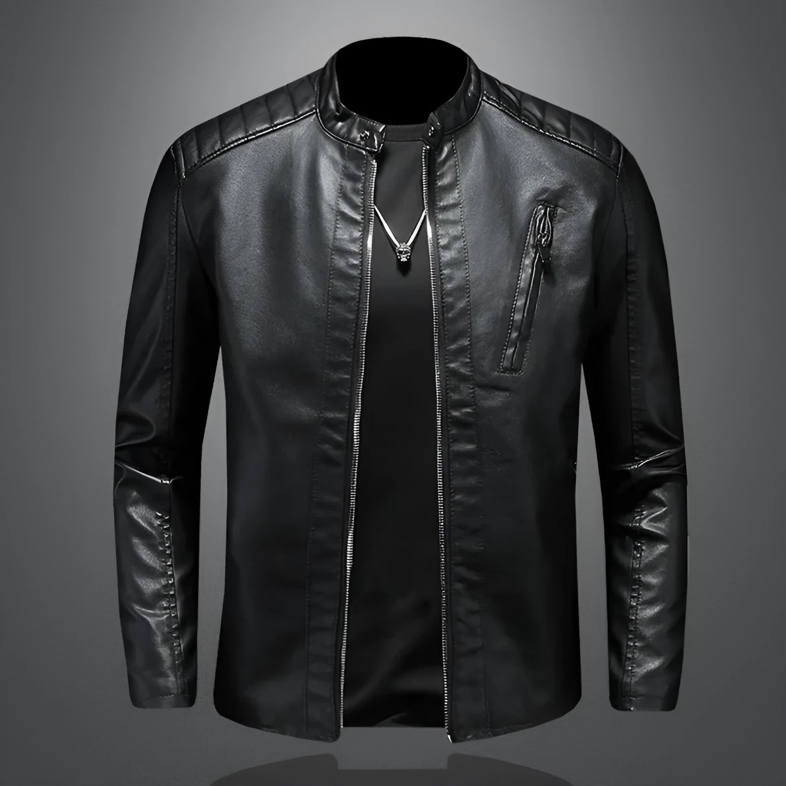 Plus size men's black PU leather jacket with stand collar, front zip, and zipper pockets, available in sizes M to 5XL