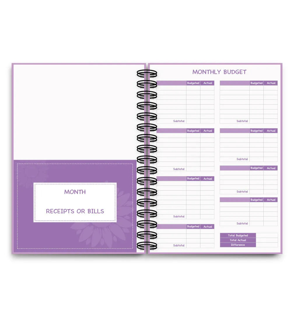 Purple A4 coil notebook for financial planning with budget pages, pen and accessories