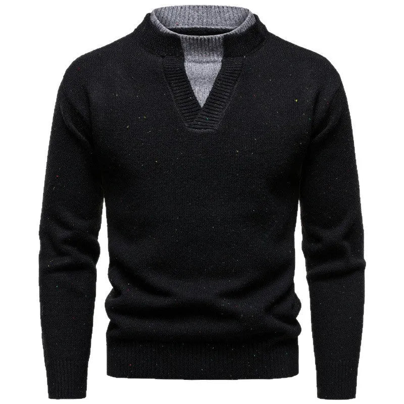 American retro fake two-piece V-neck dotted sweater in black with batwing sleeves on model