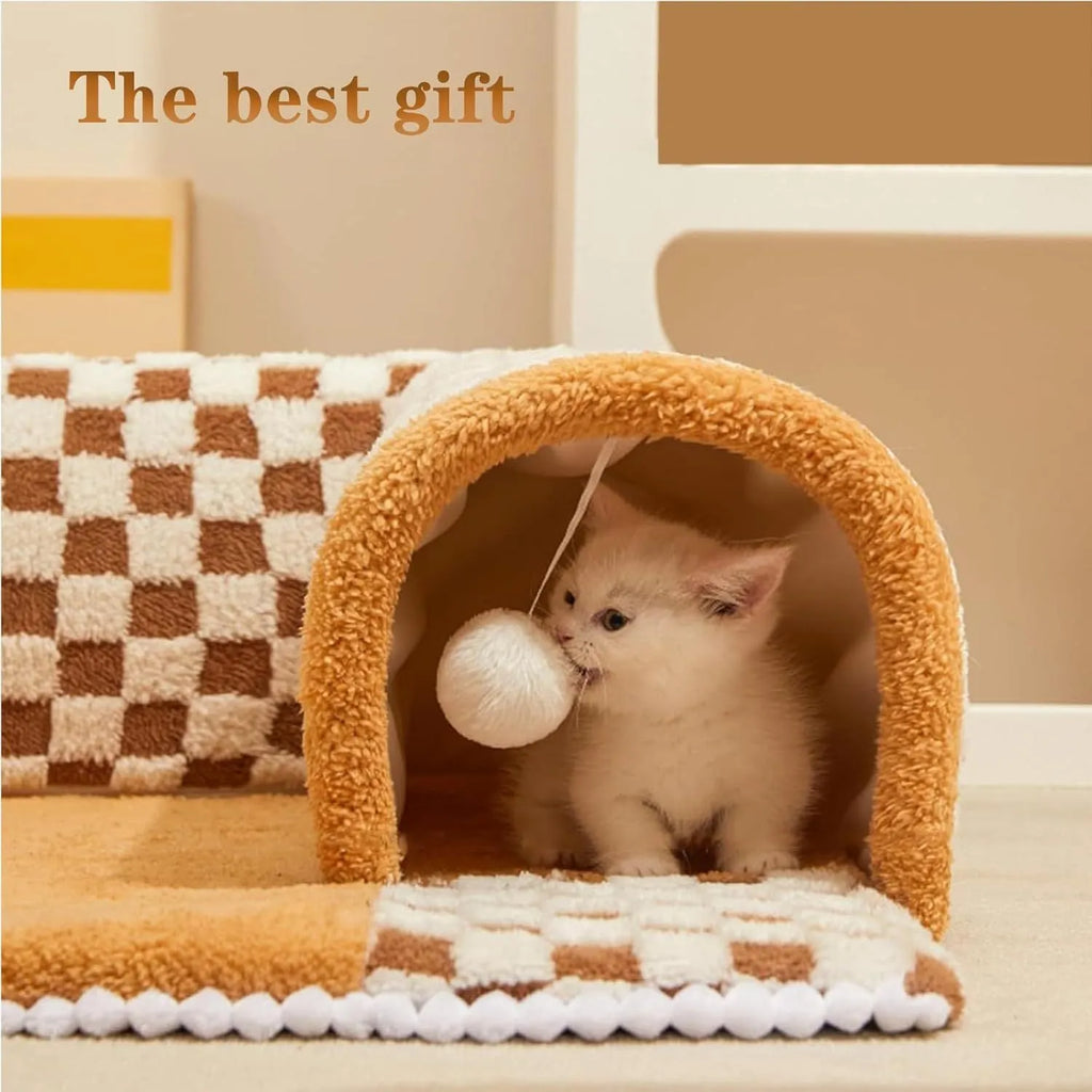 Brown plaid cat tunnel bed with central mat, showing non-slip bottom and fluffy plush material.