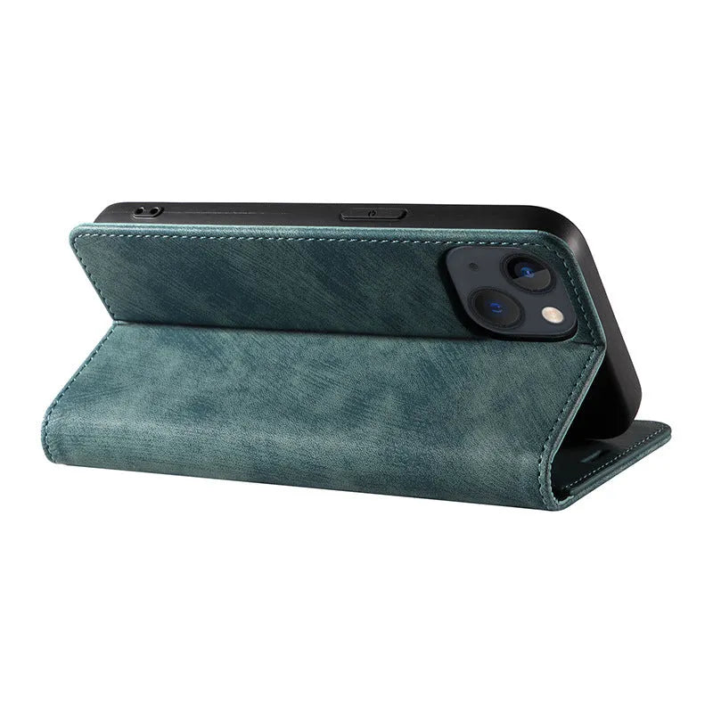 Magnetic flip phone case in grey showing closed magnetic flap and inner card slot for iPhone.