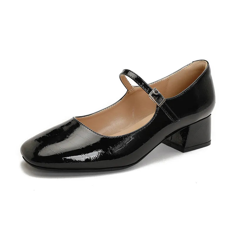 Women's square toe patent leather Mary Jane shoes with buckle and pearl detail, mid heel, black colour