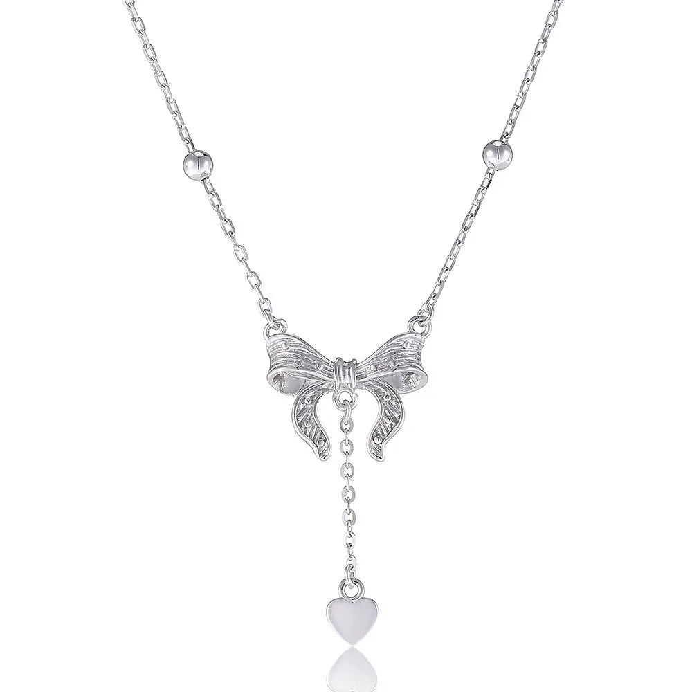 S925 silver adjustable clavicle chain with heart pendant featuring butterfly and bow design