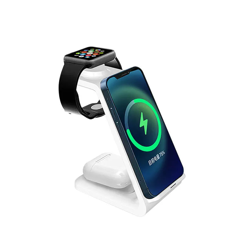 White 3-in-1 upright wireless phone charger and stand on a desk