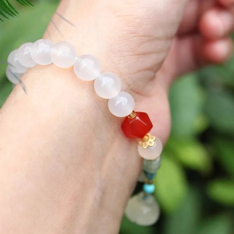 Natural white agate round beads lotus seedpod bracelet with hand-woven Chinese style design