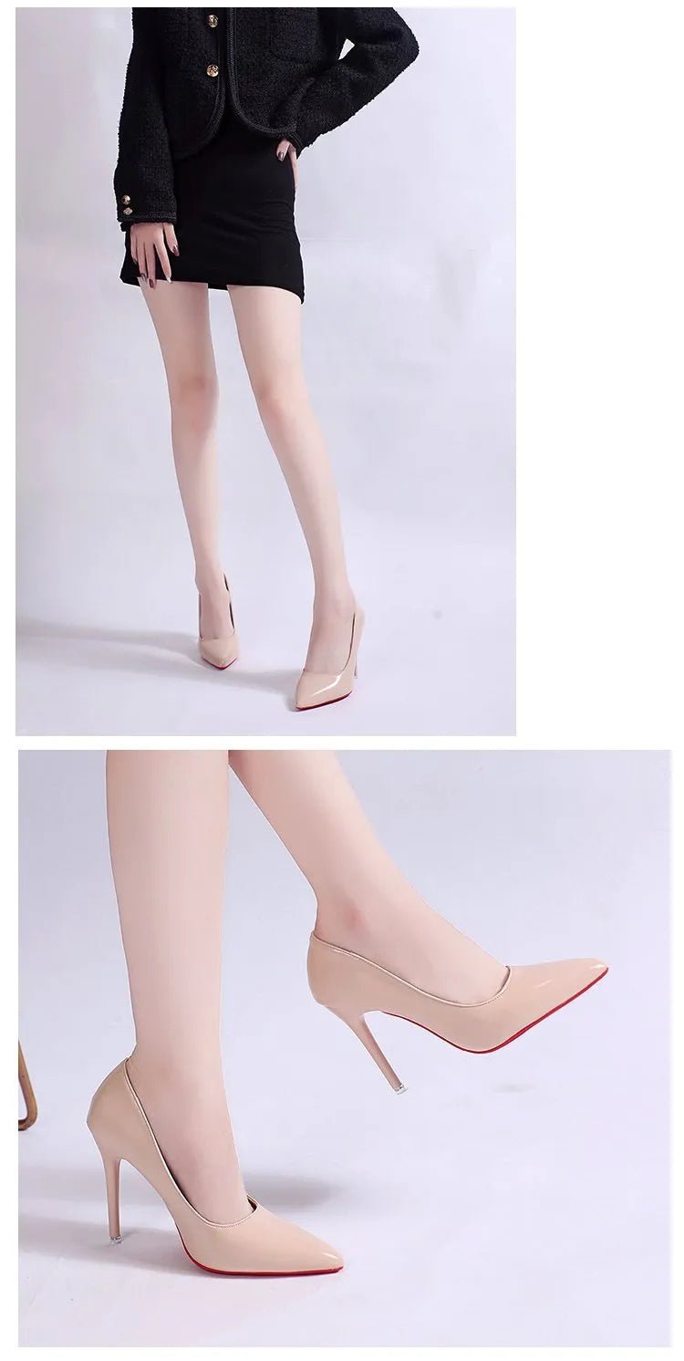 Women's black pointed toe stiletto pumps with a shallow mouth design on a white background.