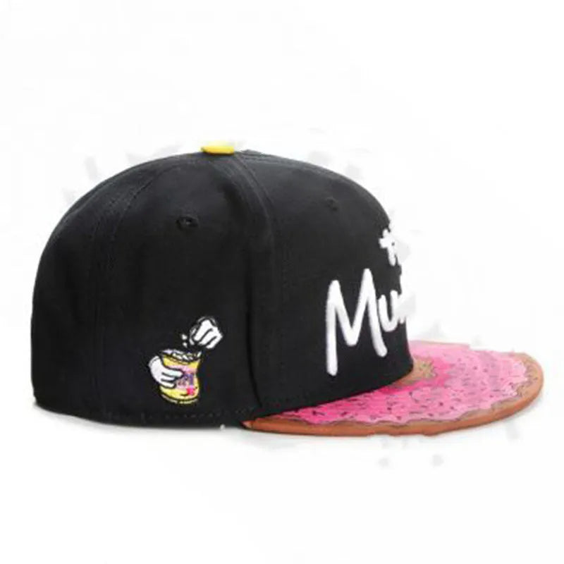 Cotton snapback baseball cap in black, unisex hip hop style, 56-60cm adjustable fit, front view.
