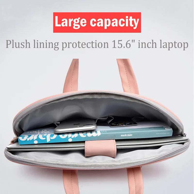 PU leather laptop bag in Black on a table, with zipper closure and removable shoulder strap