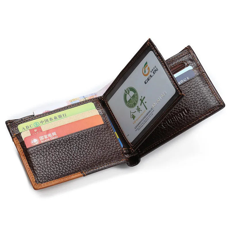 Men's brown leather three-fold wallet open, showing card slots, zip coin pocket, and photo window.