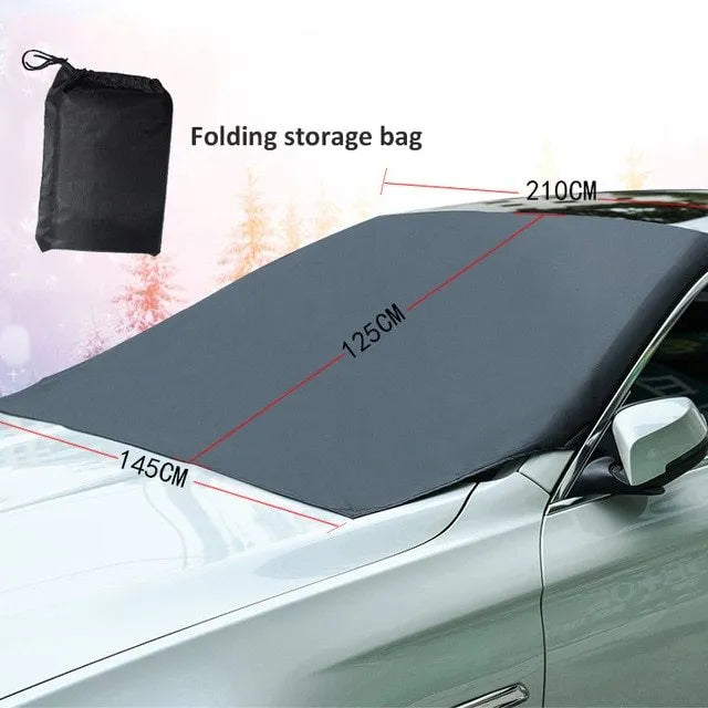Windshield ice and snow gown in black rubber Oxford cloth placed over a car windscreen for frost and snow protection