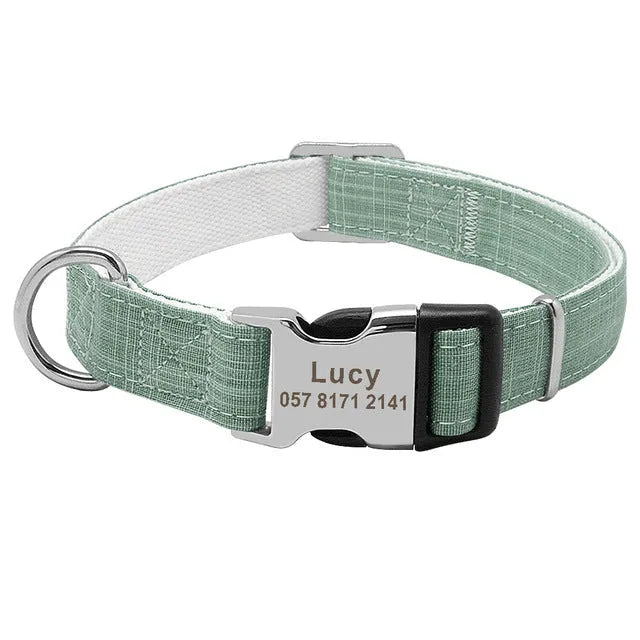 Custom engraved nylon dog collar with semi-alloy lock and D-ring, available in red, blue, and orange