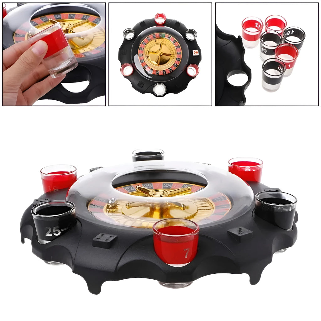 Electric roulette drinking game set with acrylic turntable, two steel balls and six red and black numbered shot glasses