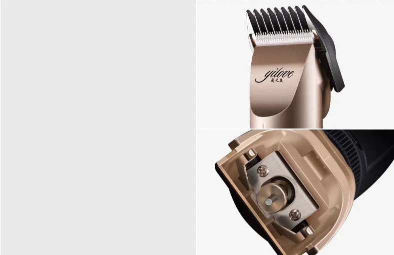Dog shaver with titanium ceramic blade, 4 guide combs, charging cable, and accessories on white background
