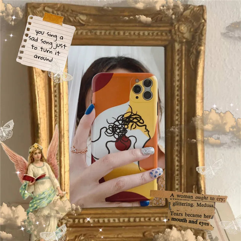 Orange yellow cartoon line art soft case for Apple iPhone showing back design