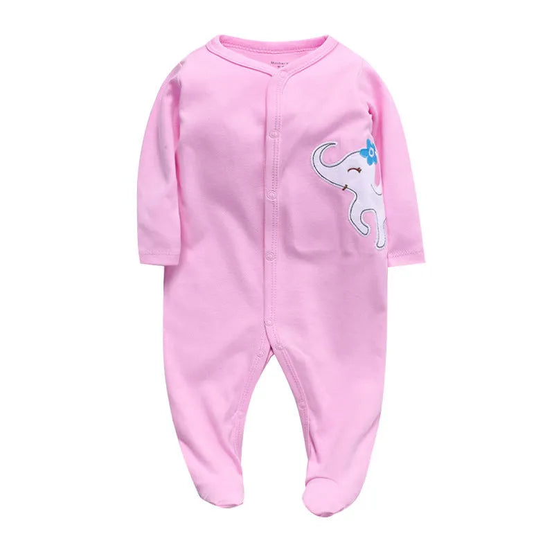 Cotton baby one-piece romper in a dinosaur print style for infants, showing size options from 3 to 12 months.