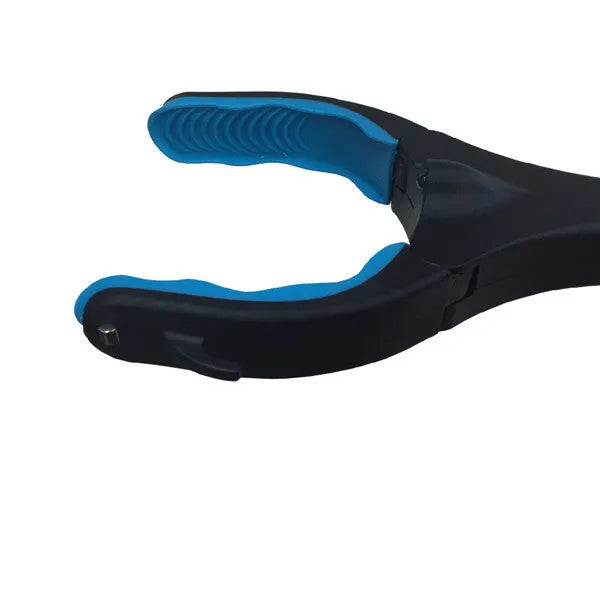 Blue foldable portable pickup tool with aluminium shaft and stainless steel grabber, shown extended and collapsed.
