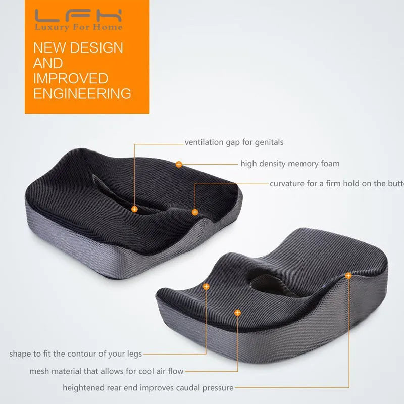 Black and grey coccyx orthopedic memory foam cushion with breathable mesh cover, 45x38x13cm