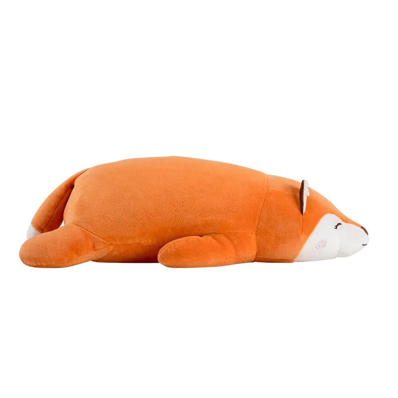 Cute fluffy fat orange fox plush toy on a white background, showing its chubby cartoon shape and soft fabric