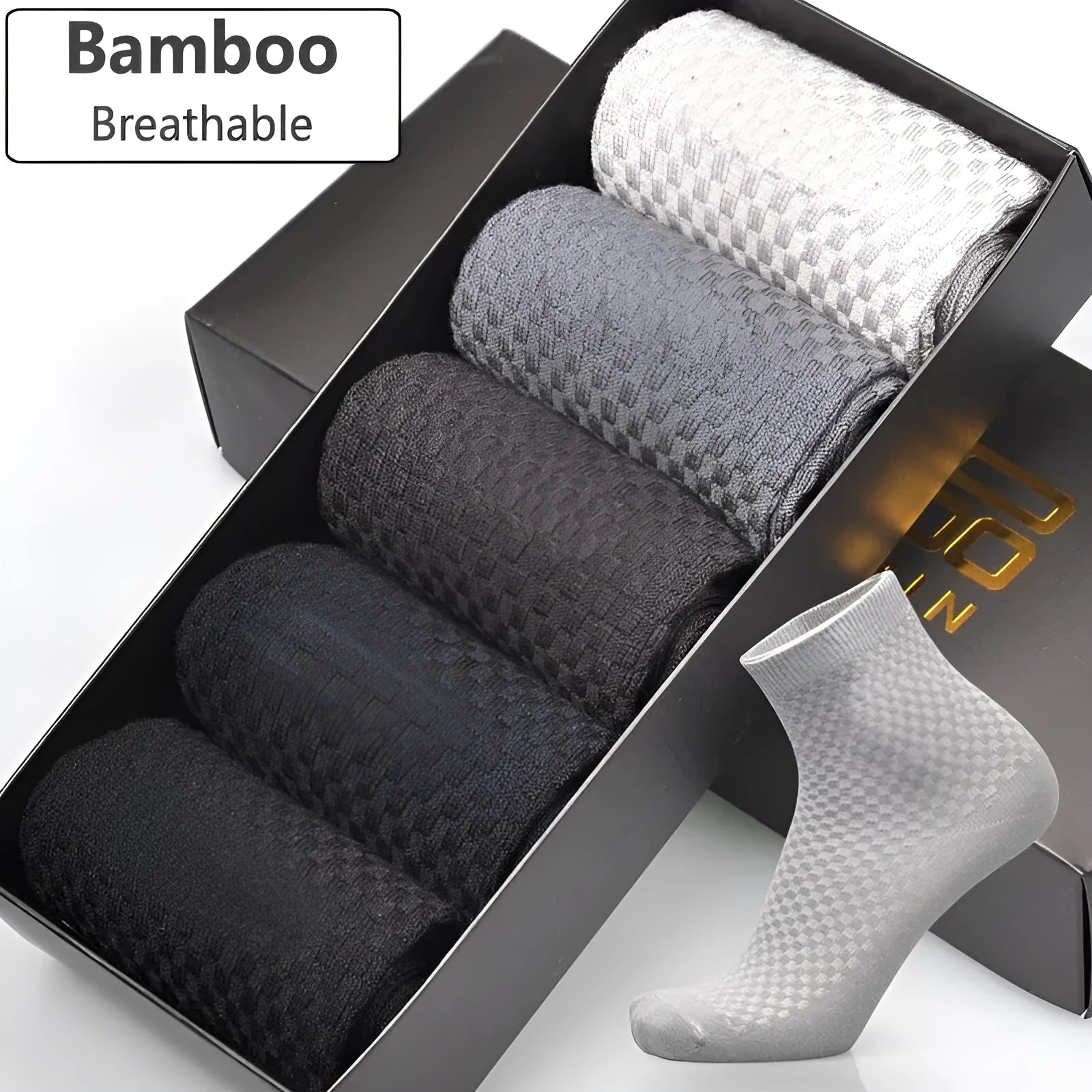 Men's bamboo fibre business socks in a small square pattern, shown in navy blue colour.