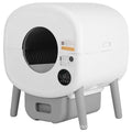 Automatic self-cleaning cat litter box with waste drawer, made from white ABS plastic.