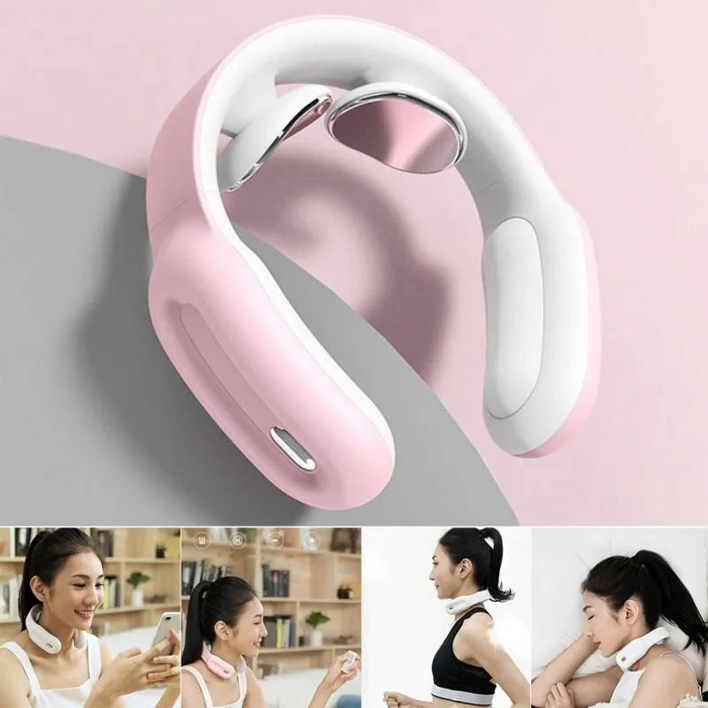 Smart cervical spine massager with wireless remote control, USB power, vibration massage and infrared therapy, compact 138x142mm size, three colour options