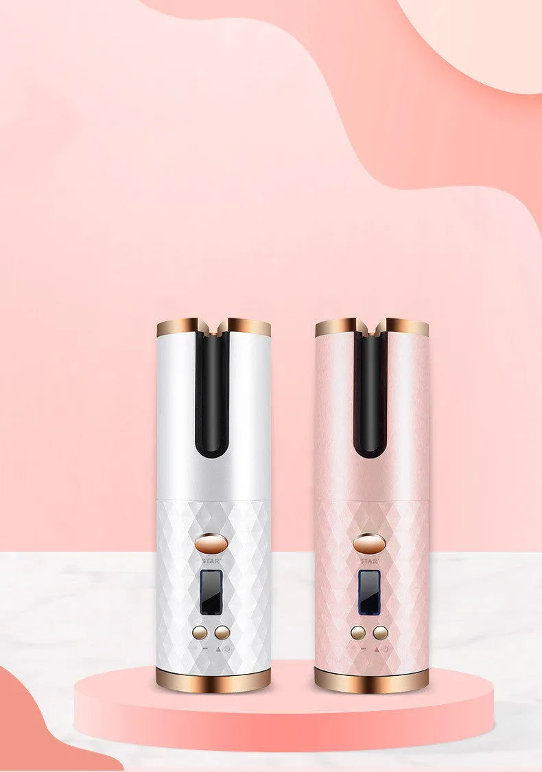 Rechargeable cordless automatic hair curler with ceramic barrel and LCD display in choice of colours.